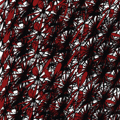 Grungy Black And Red Texture. Grunge Texture Of Chaotic Hand Drawn Doodles. Freehand White Lines On Black Background