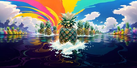 Photo of a vibrant and colorful painting featuring pineapples in a playful water setting. 3d illustration. ai generative technology vr ready, virtualrealityart.