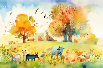 The sunny fields in the watercolor painting were full of vibrant colors and playful animals. Generative AI