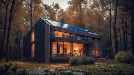 Modern small house witrh solar panels in the forest. Ai generated illustration