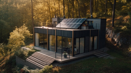 Obraz premium Modern small house witrh solar panels in the forest. Ai generated illustration