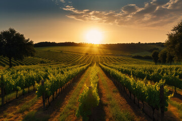 Naklejka premium Vineyard with rows of trees at sunset created with AI 