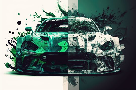 Double Exposure Racing Sports Car Green Race Track, Created With Generative Ai