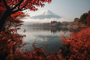 One of the best places to visit in Japan is the colorful Autumn Season with Mountain Fuji, morning fog, and red leaves at Lake Kawaguchiko. Generative AI
