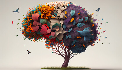 Human brain tree with flowers, self care and mental health concept. Generative AI
