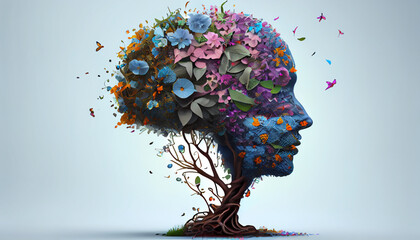 Human brain tree with flowers, self care and mental health concept. Generative AI