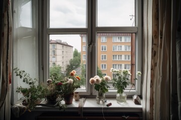 Fototapeta na wymiar Interior of the middle class apartment in the Kaliningrad city. View through the window. The neighboring house is visible in the window. Artificial flower, keys on the windowsill. Minimalist concept