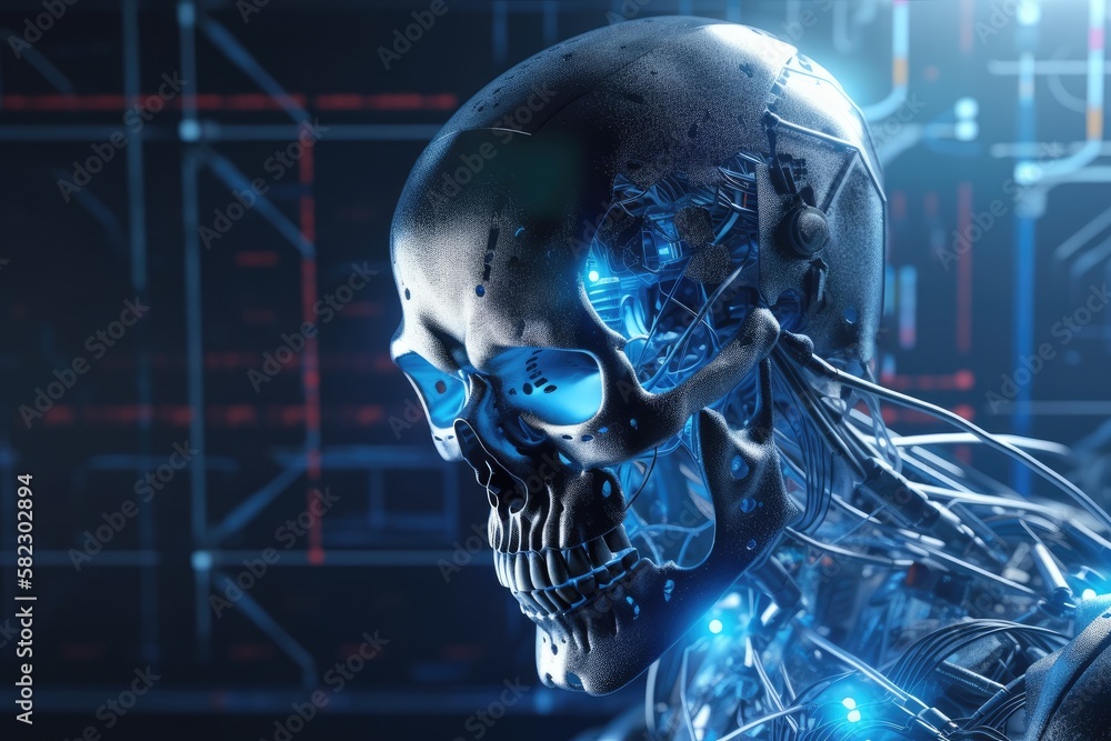 Poster science fiction cyberpunk skull faced robot connected to computer core in terminal data stream illus