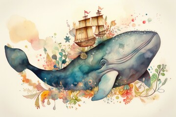 Obraz na płótnie Canvas Whimsical whales in the watercolor painting were full of character and charm. Generative AI