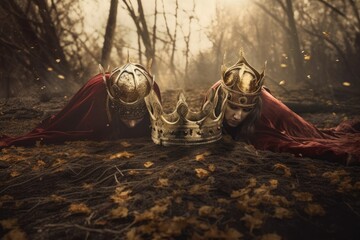 On the ground is a golden crown. fallen king and queen. Illustration in an epic and depressing concept. Generative AI