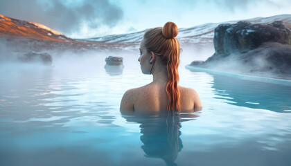 Young woman relaxing in a hot thermal pool filled with hot spring water at an Icelandic geothermal spa for wellness and skin care. - Generative AI