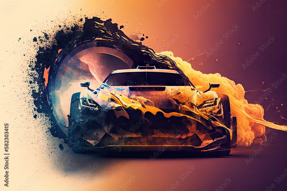 Poster extreme sports car racing double exposure, created with generative ai