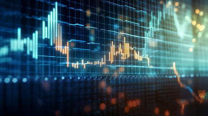 Cyan/red digital stock market data graph, computer screen, Ai generated
