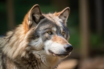 Fototapeta premium Beautiful wolf portrait taken in a zoo setting. Generative AI