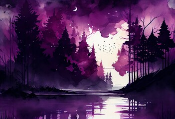 Watercolor Illustration of a A Magical, Dark Purple Forest Surrounding A Serene Lake. Generative AI