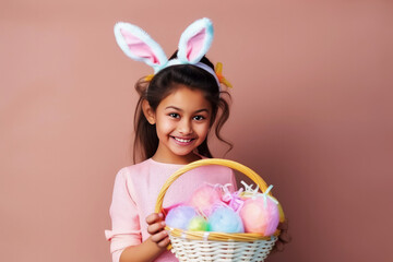 Latin dark-skinned kid wearing bunny ears and smiling brightly, capturing the joyful spirit of Easter.
Festive atmosphere.