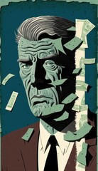 businessman stressed losing money, vintage illustration art, coins and money bill in mind, losing money concet for a good bad investment, financial crisis, bankruptcy, GENERATIVE AI