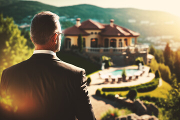 A successful, ultra-rich businessman gazes at his stunning mansion, admiring the grand architecture and lavish design. Symbol of wealth and elite living showcases his financial success. Generative AI