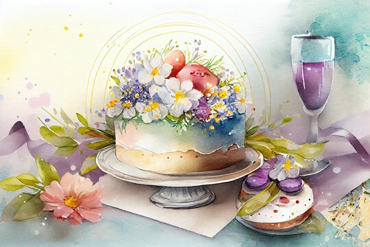 Watercolor Illustration of a Festive Easter Table Setting On Shining Bokeh Background. Easter Cake, Easter Eggs And Spring Flowers Bouquet. Illustration. Generative AI