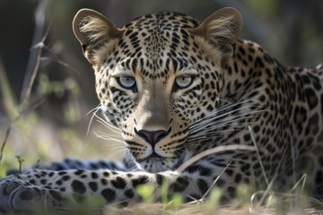 Fototapeta na wymiar A female leopard lying in the grass up close in South Africa's Kruger National Park. Generative AI