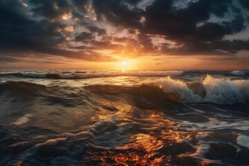Fototapeta na wymiar Sky and sea in a dramatic tropical sunset panorama at sunset. Generative AI