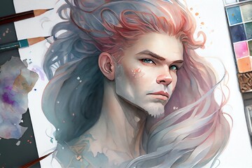 Watercolor Illustration of a Majestic Male Mermaid: A Stunning Fantasy Portrait For Dnd Fans. Generative AI