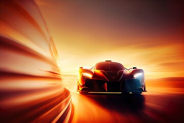 Obraz na płótnie Canvas Sports Car Racing at Sunset, Action Shot on the Track. Generative AI