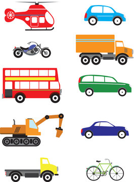 Set of different types of transportation, color vector illustration