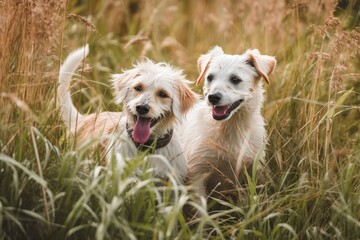 Dogs playing together in tall grass. Generative AI