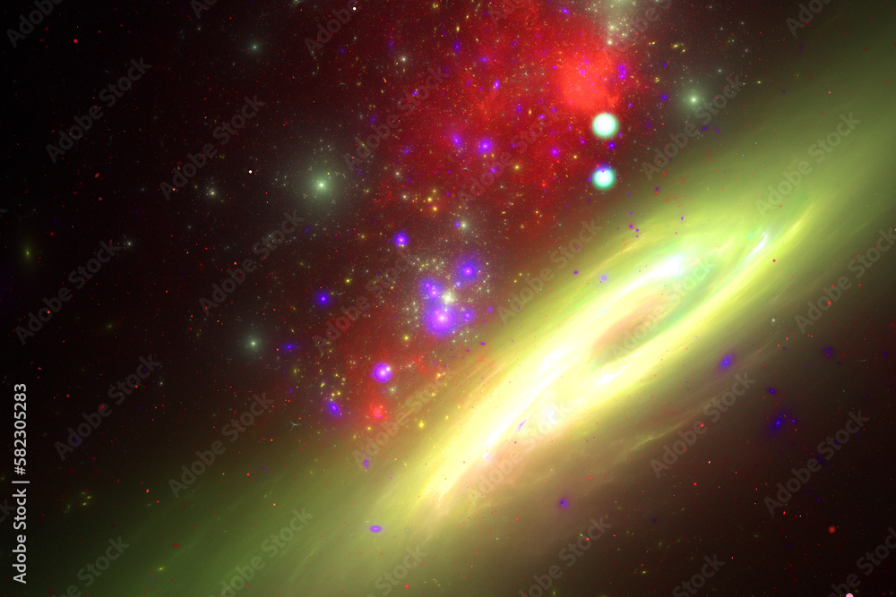 Aufkleber yellow red clouds of stardust in black space. abstract fractal 3d rendering