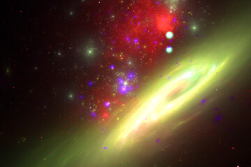 Obraz premium Yellow red clouds of stardust in black space. Abstract fractal 3D rendering