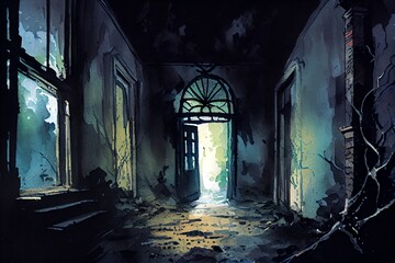 Fototapeta na wymiar Watercolor Illustration of a The Abandoned Haunted HouseS Dark Hallway Filled With Debris. Illustration. Generative AI