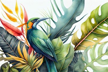 Watercolor Illustration of a Tropical Leaves With Bird Of Paradise, Jungle Background, Illustration. Generative AI