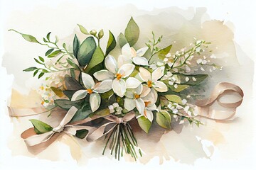 Watercolor Illustration of a White Flower Jasmine Bouquet Blooming Wrapped Loved, Comfort Peace, Romance. Generative AI