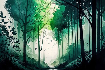 Obraz premium Watercolor Green Forest. Generative AI 
