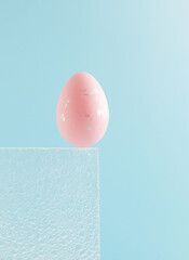 Pink Easter egg on sky blue background. Embossed glass texture background. Minimal festive concept. Abstract Easter card. Copy space.