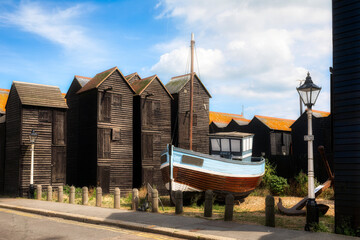 Net Shops and Preserved Fishing Boat on the Stade in Hastings, England