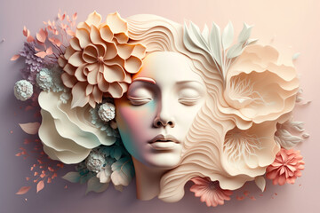 Generative ai 3d woman abstract floral background, paper cut art, botanical pattern.