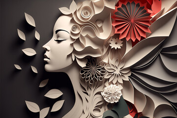 Generative ai 3d woman abstract floral background, paper cut art, botanical pattern.