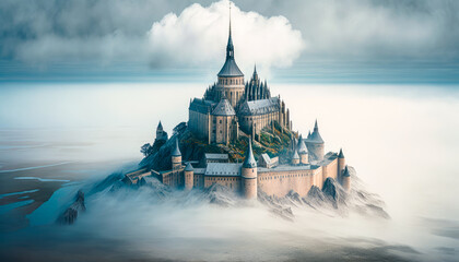aerial view of the Mont Saint Michel shrouded in mist, with the spire of the abbey peeking through the clouds - Generative AI - obrazy, fototapety, plakaty