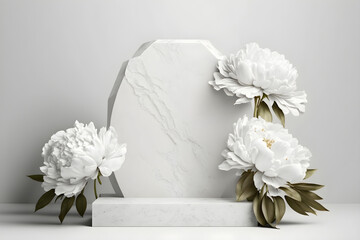White Stone Podium With White Peony Flowers on White Background: AI Generated Image
