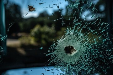 Scotts Valley, USA, in California. September 19, 2021, on a Sunday. holes that appear to have been fired in a car's windscreen. Generative AI