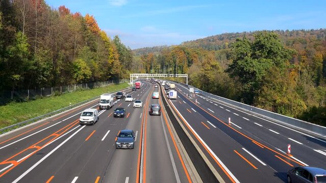 Winterthur, Switzerland - October 19, 2022: Motorway near Winterthur with alternate lanes during maintenance work in the fall