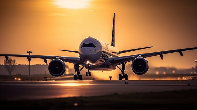 Airbus A350 airplane landing at sunset