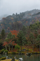 Fototapeta premium 日本 京都府京都市にある天龍寺の曹源池庭園の紅葉と雨で霞がかった嵐山