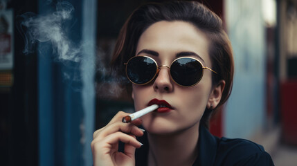 Obraz premium Rauchen - Frau mit Zigarette im Mund, Generative AI