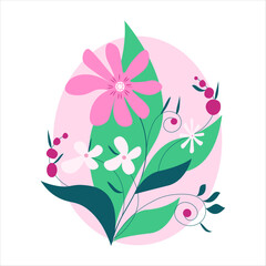 Painted flowers, berries and leaves on a pink background. Vector image