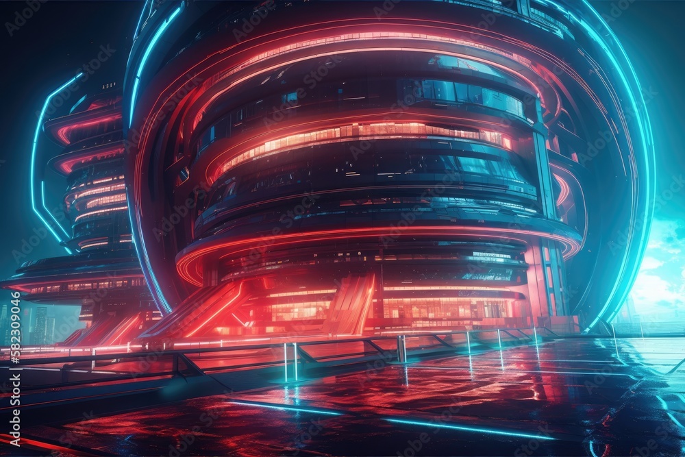 Poster technology illustration in the abstract. futuristic science fiction building with high tech circle g