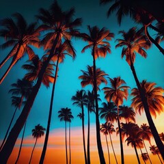 Palm trees at sunset light. Silhouette coconut palm trees on beach at sunset. Vintage tone. Vintge Palm Trees Vintage - clear summer skies. ai generative