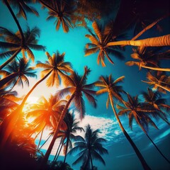 Fototapeta na wymiar Palm trees at sunset light. Silhouette coconut palm trees on beach at sunset. Vintage tone. Vintge Palm Trees Vintage - clear summer skies. ai generative